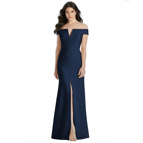 Dessy Collection Cutaway Shoulder Crepe Column Gown in Midnight, Size 14
